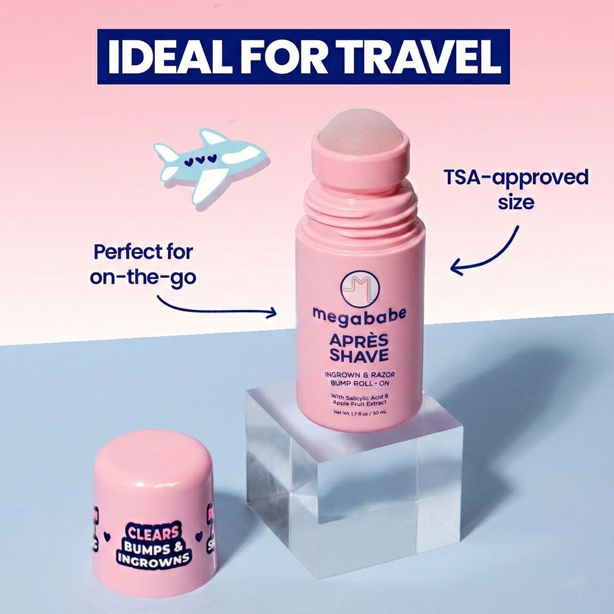 Megababe Mini Après Shave (1.7 fl oz) | Travel size post-Shave & Waxing | Vacation Essential | Ingrown Hair & Razor Bump Roll-On Treatment for Women | Beauty and Personal Care Megababe
