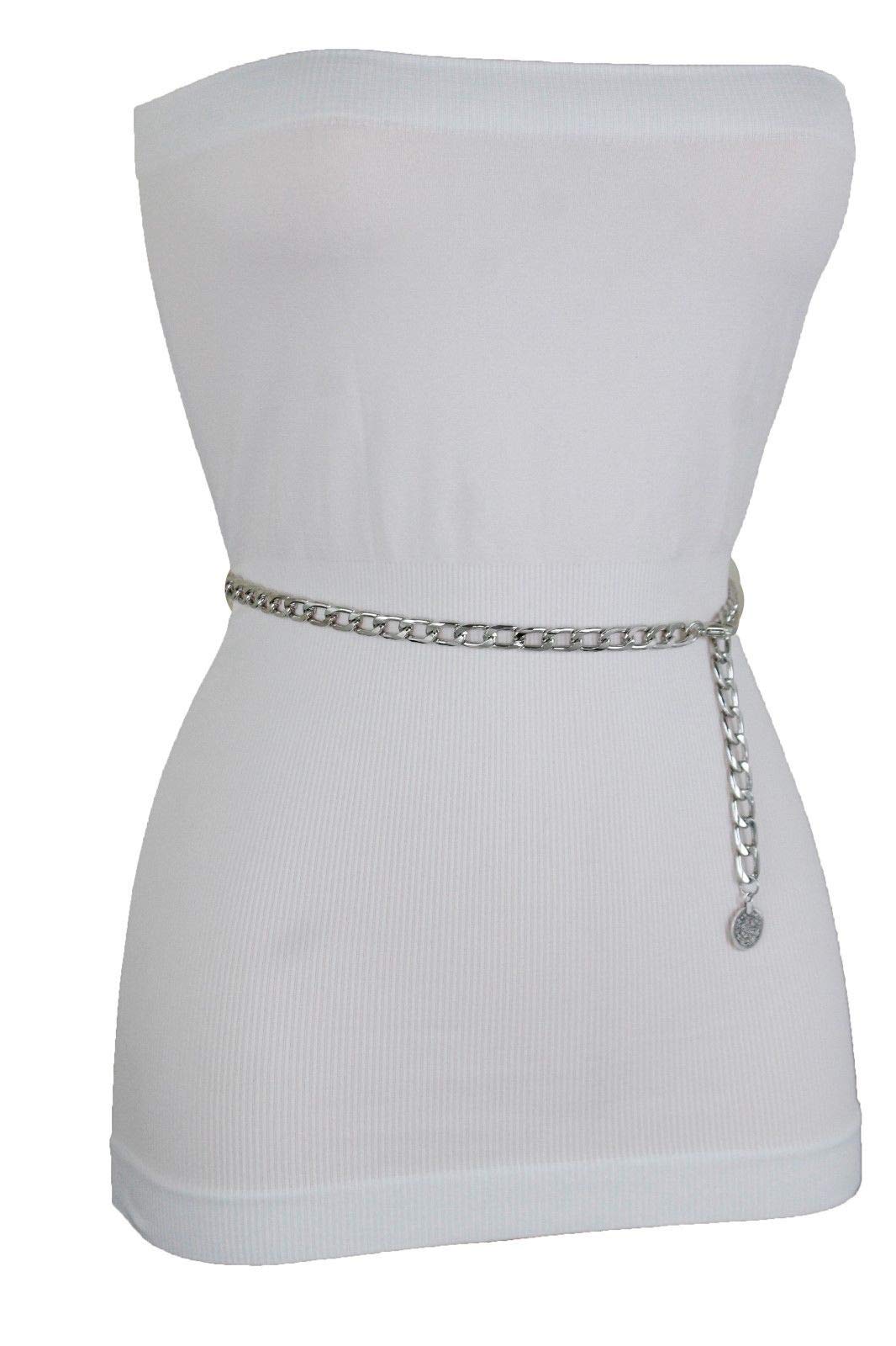 Women Skinny Waistband Belt Silver Metal Chain Links Coin Charm Buckle Size XS S M