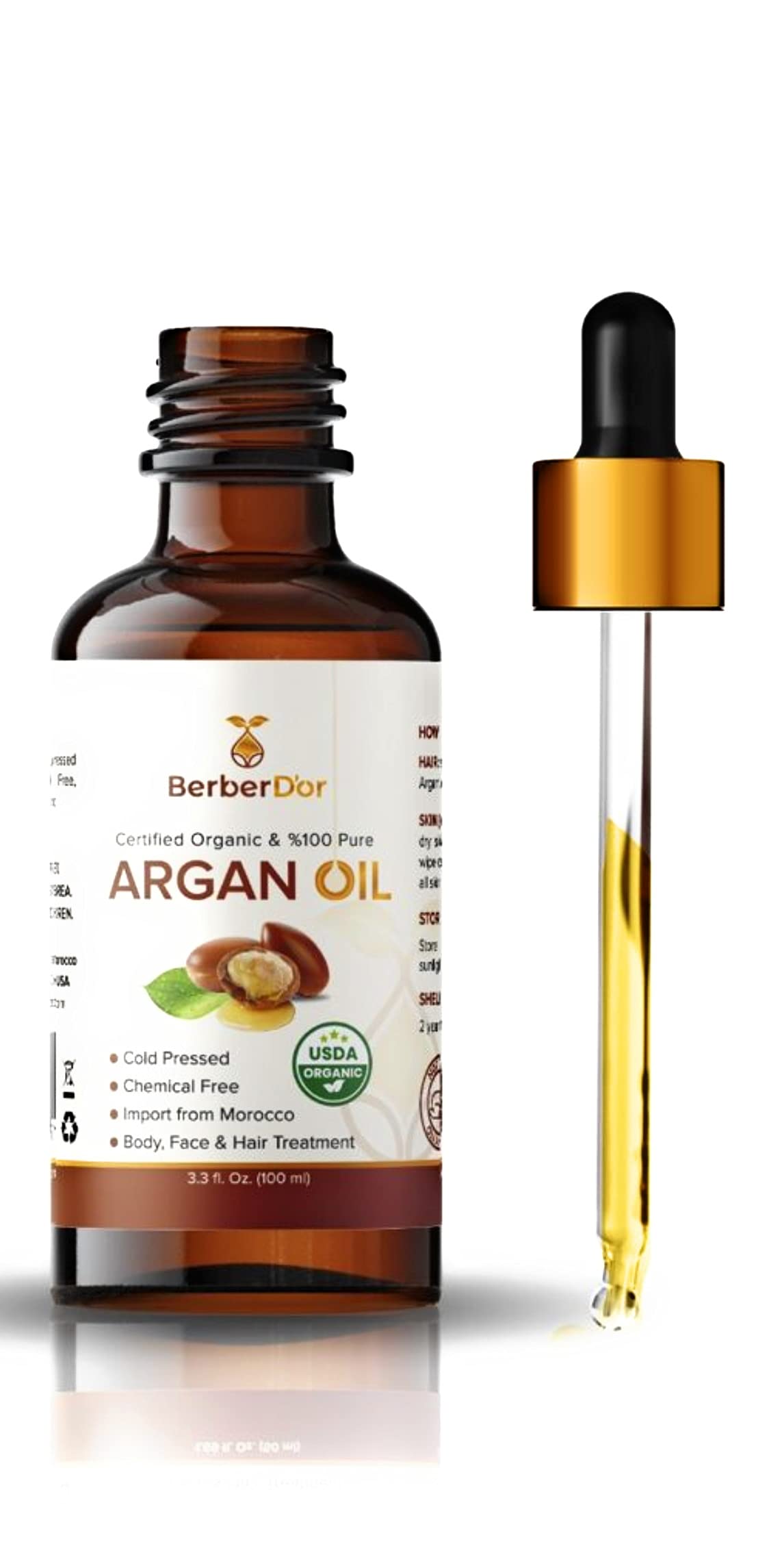 Berber D’Or 100 Pure Natural Organic Argan Oil For Body, Hair, Face, Nails | Eco-Certified, USDA Approved Import From Morocco (3.4 FL OZ 100 ML)