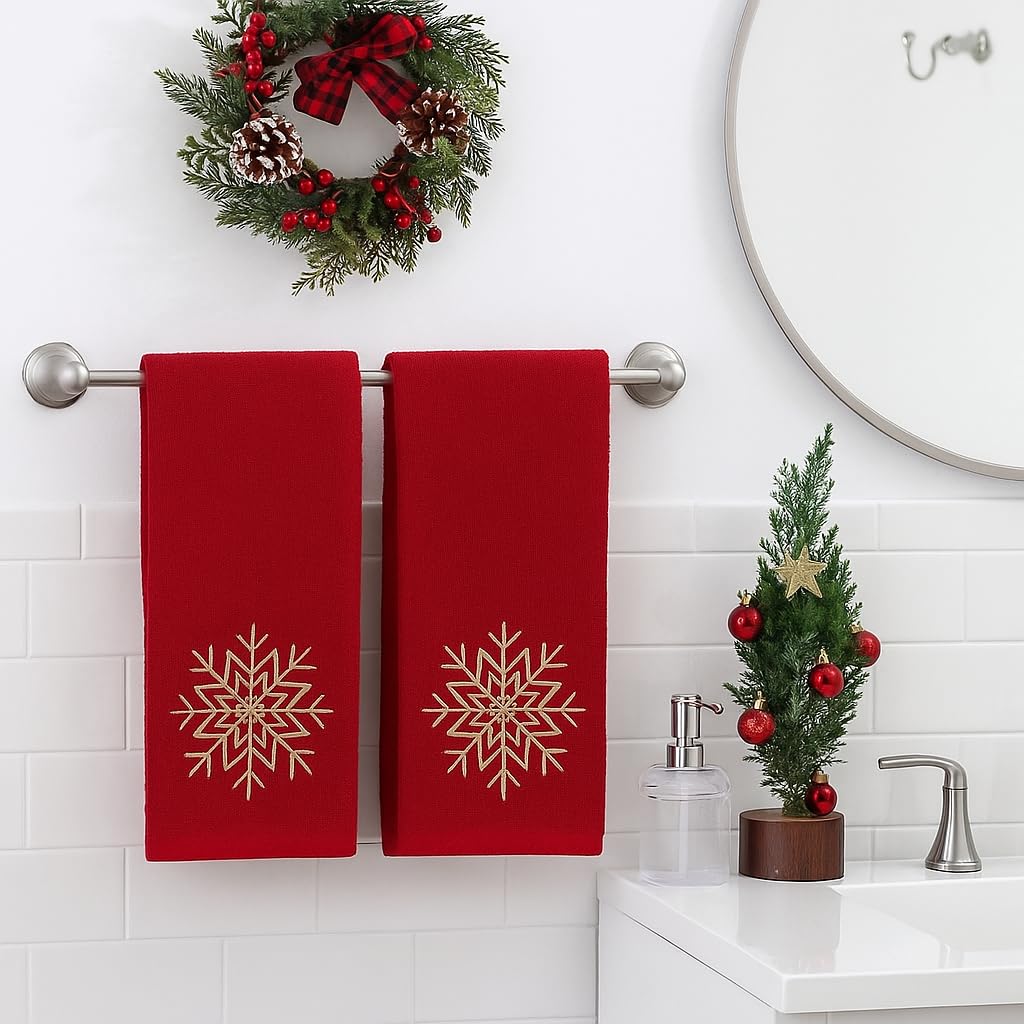 Serafina Home Christmas Hand Towel for Bathroom - Set of 2 Red 100% Cotton - 25 x 16 Embroidered Gold Snowflake Design - Bath & Kitchen Decor