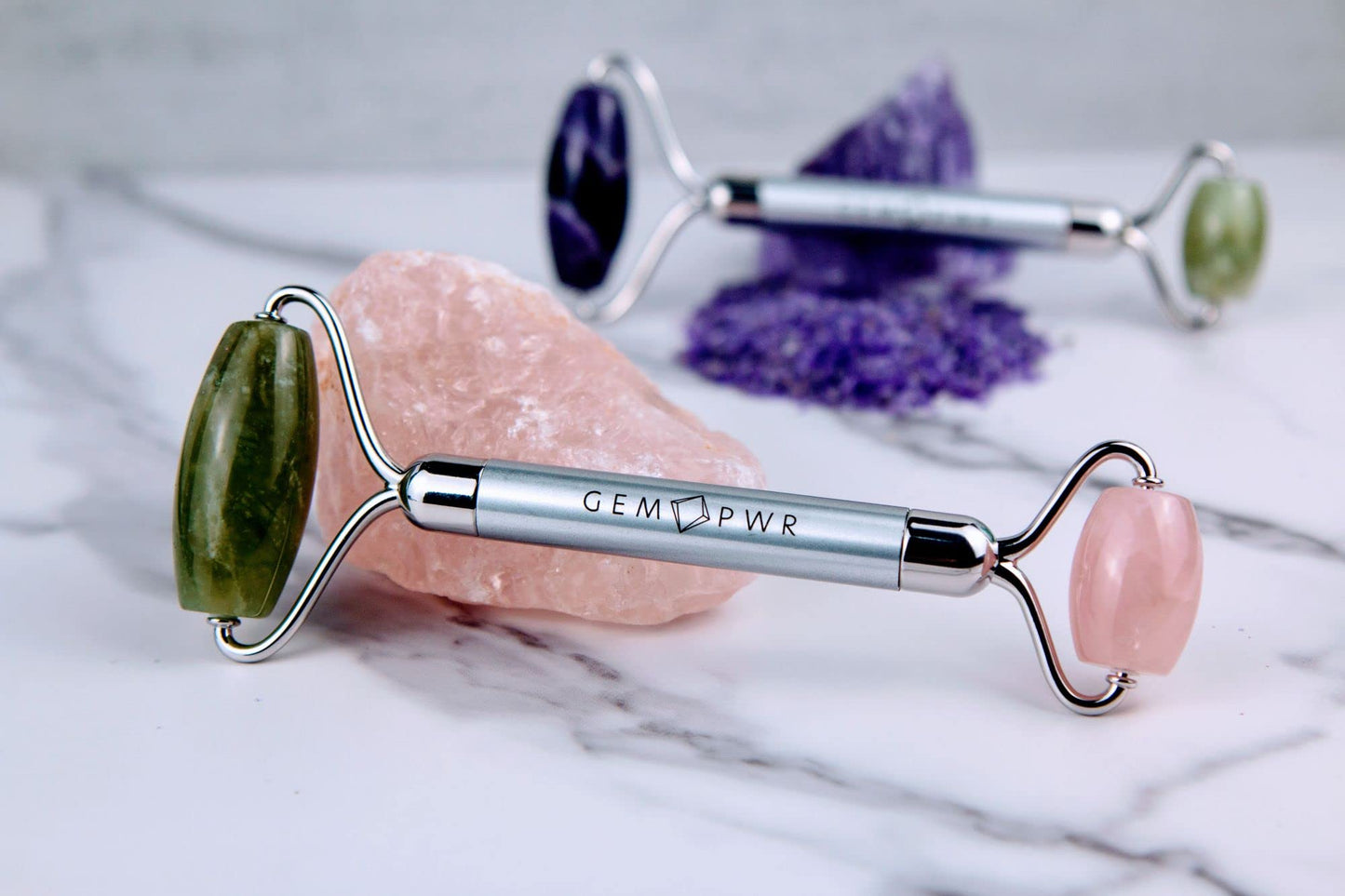 GEM PWR Rose Quartz + Jade Roller for Face and Neck Massage, Dual Gemstones with Durable Steel Handle and Travel Bag. Minimize Wrinkles, Reduce
