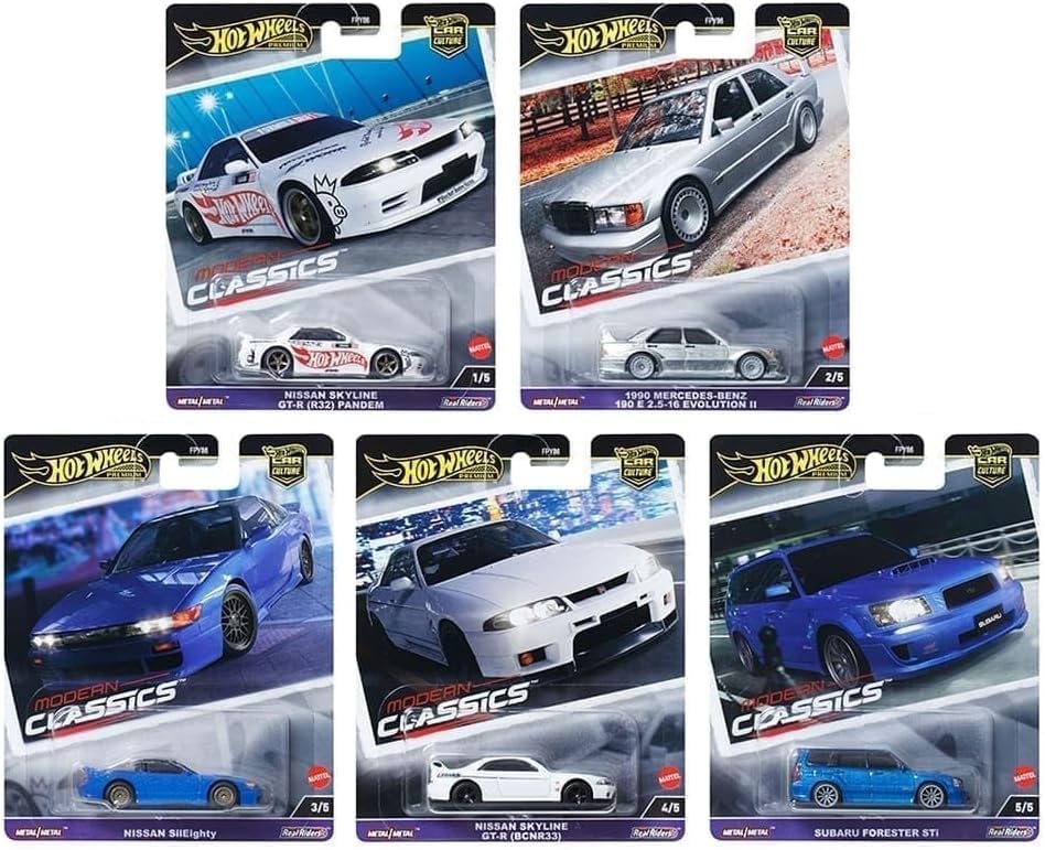 Hot Wheels Modern Classics Die-Cast Cars Set, 5-Pack, Nissan Skyline GTR, Mercedes-Benz 190E, Subaru Forester STI, Limited Edition FPY86-961E