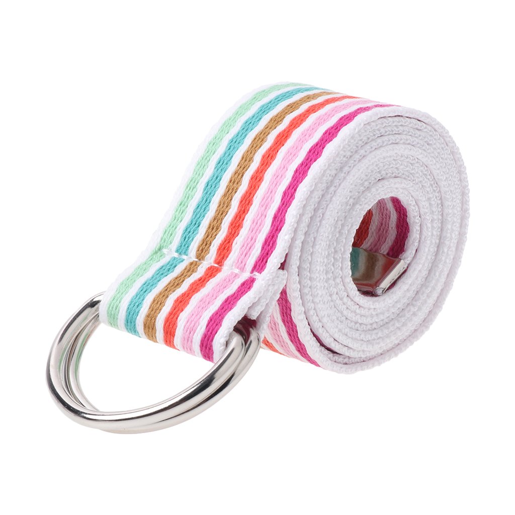 Feamos Stripe Belts for Women Waist Belt for Shorts with Double D-Ring Buckle Canvas Casual (White & Rainbow)