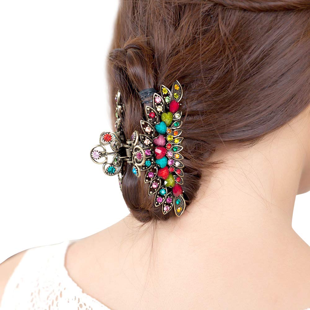 Large Retro Chic Metal Grip Imitation Turquoise Jewel Beads Hair Claw Jaw Comb Pins Flowers Catch Barrette with Teeth Updo Accessories for Thick Hair