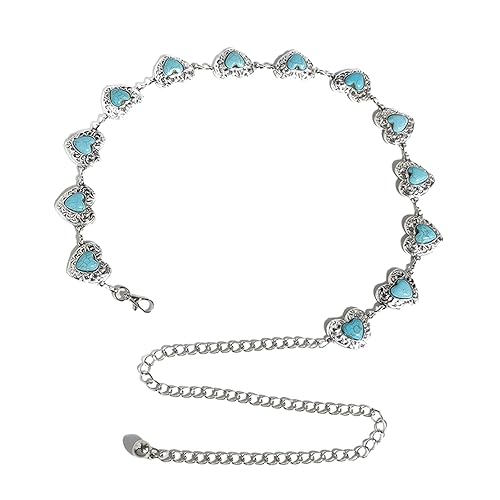 Lomehue Women Boho Waist Chain Green Turquoise Cowgirl Metal Heart Chain Belt for Dresses Jeans Vintage Cowboy Accessories (Silver)