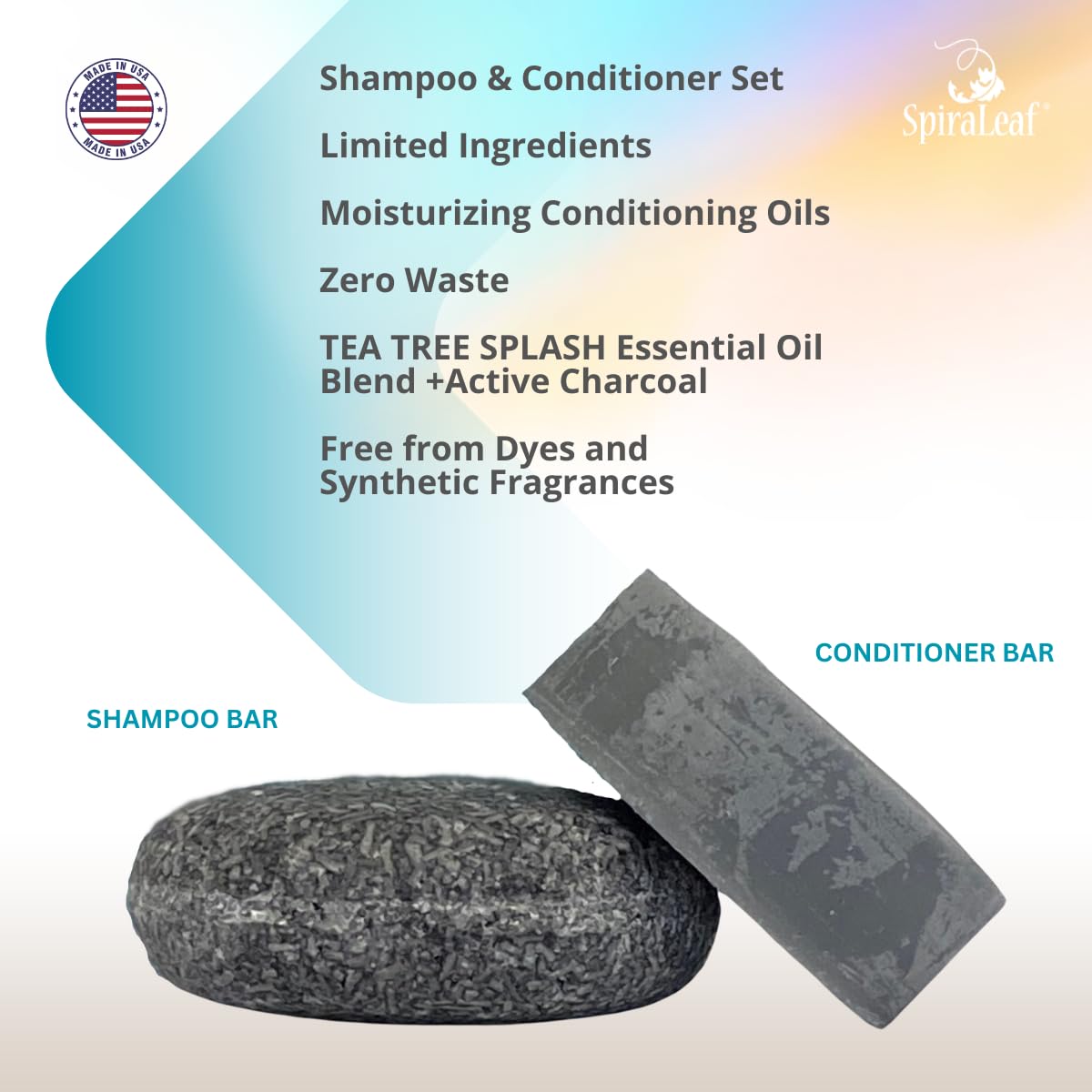 SPIRALEAF Solid Shampoo Bar & Conditioner Bar Set, TEA TREE SPLASH Essential Oil Blend, Limited Ingredients, Concentrated Formula, Fragrance-Free