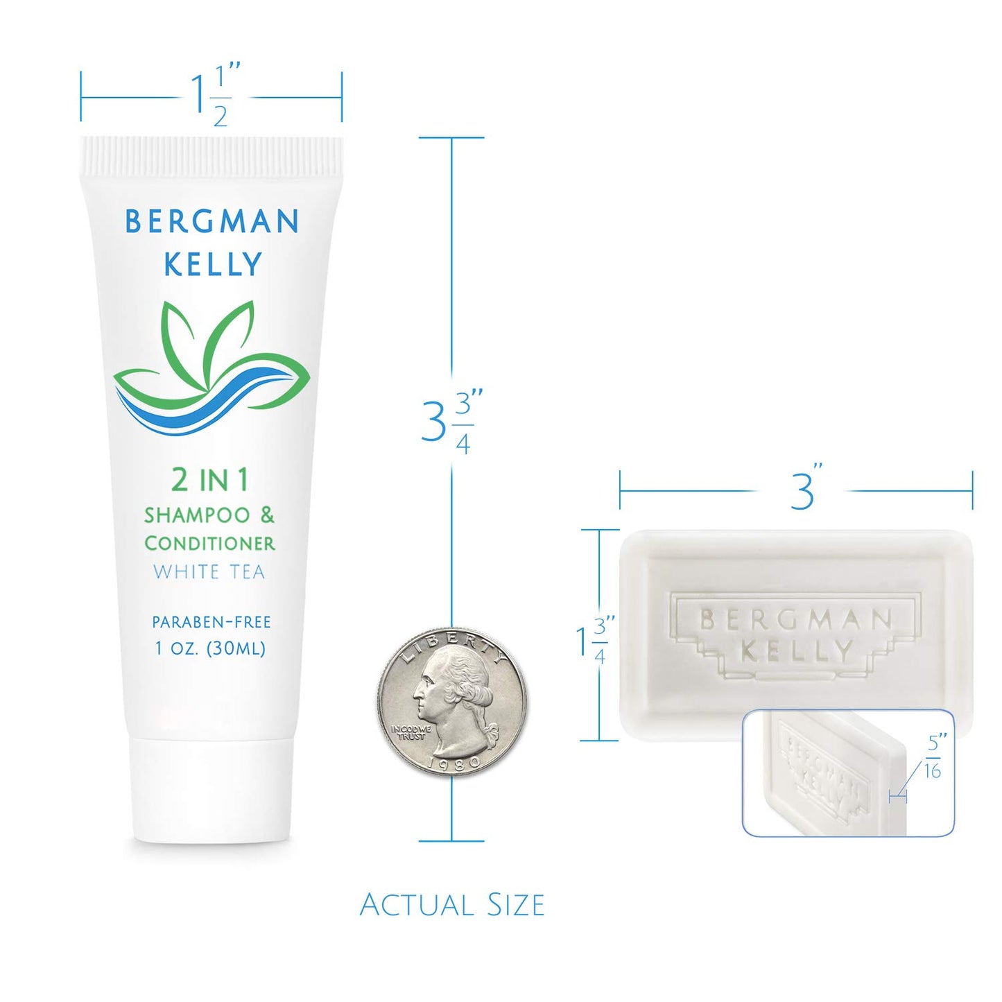 BERGMAN KELLY Rectangle Soap Bars, 2in1 Shampoo & Conditioner 2-Piece Set (White Tea, 1 oz each, 100 pc), Delight Your Guests with Revitalizing