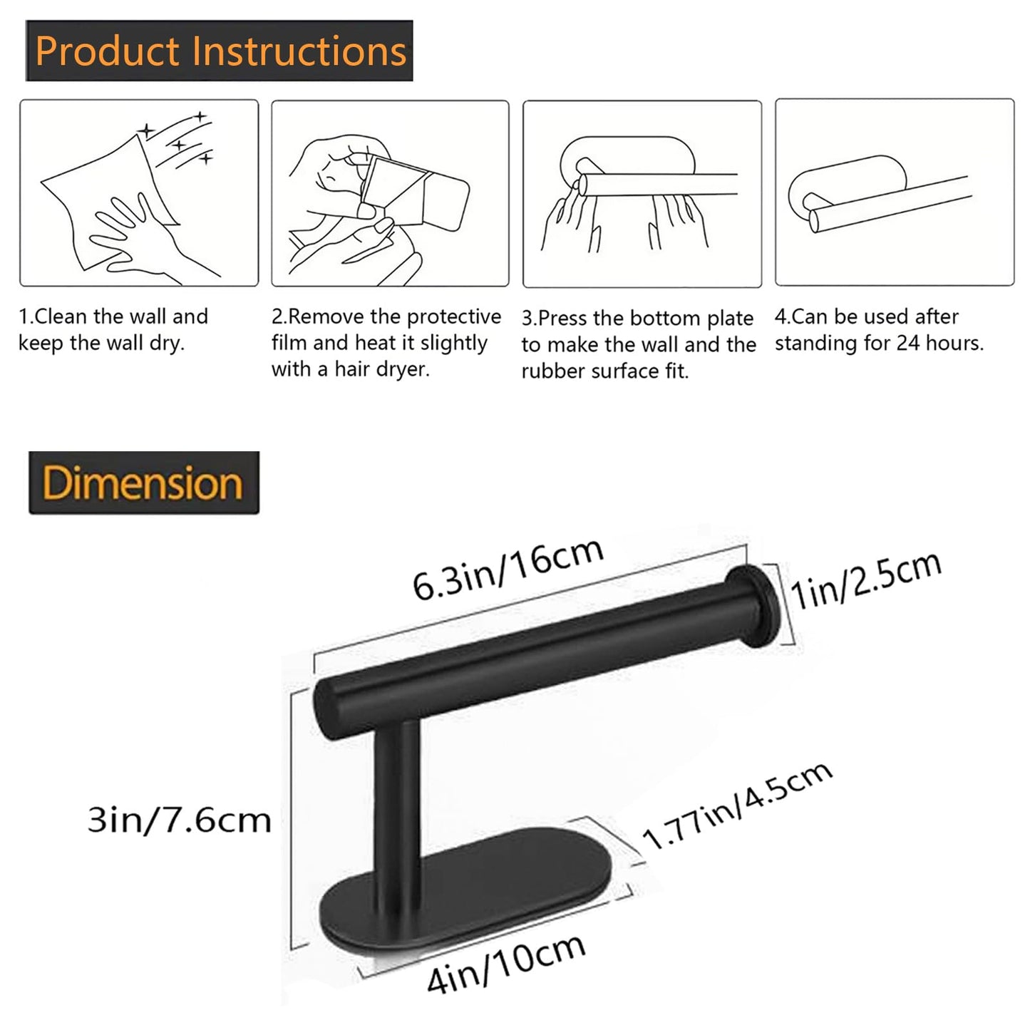 JOPOFI Self Adhesive Toilet Paper Holder – No-Drill Wall Mount, SUS 304 Stainless Steel, Matte Black Bathroom Roll Holder
