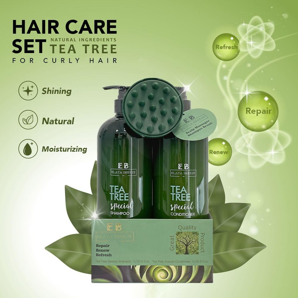 Peppermint Tea Tree Special Shampoo and Conditioner Set (33.8 0z)- Elata de Breeze with Scalp Massager Brush | Soothes Itchy Scalp, Deep Cleans