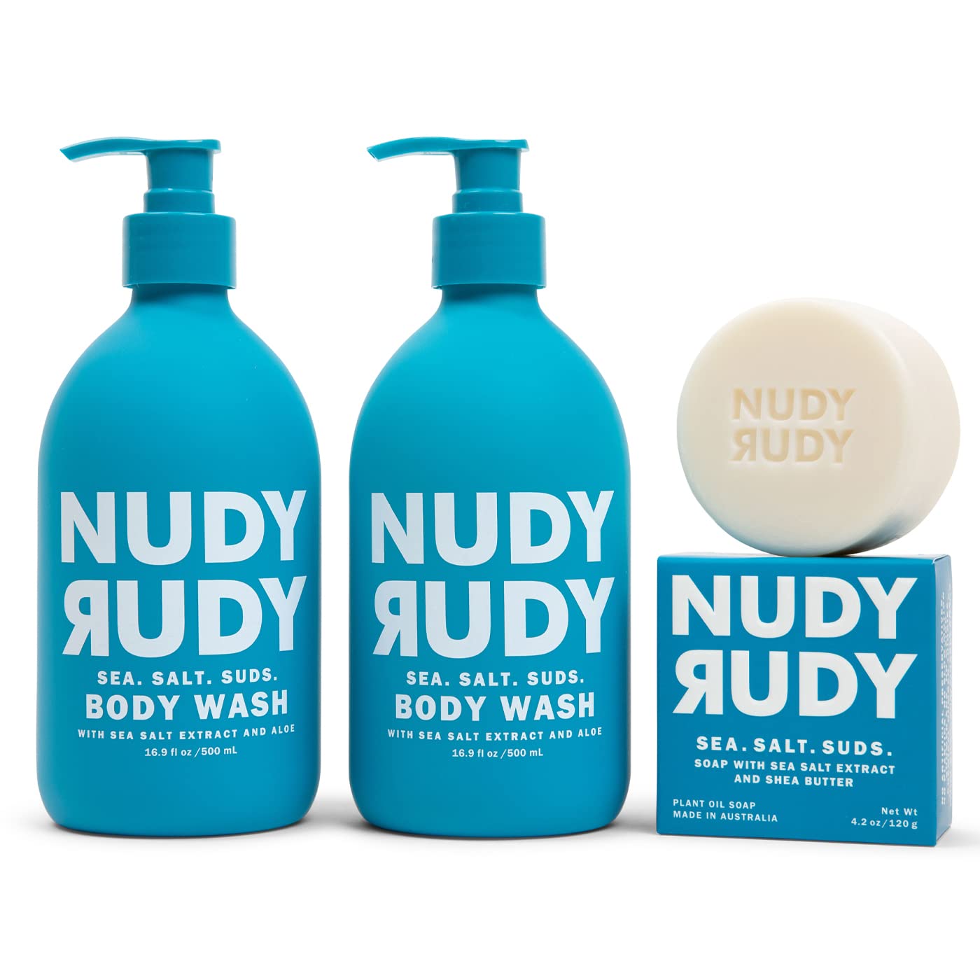 Nudy Rudy Sea Salt Suds 2 Pack, Liquid Body Wash Bundle, Aloe Vera and Vitamin E, Moisturizing Shower Gel for Men and Women 16.9 fl oz and 4.2 oz