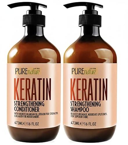 Keratin Shampoo and Conditioner Set - Sulfate and Paraben Free Treatment for Dry Hair - Anti Frizz, Collagen Enriched Formula for Curly or Damaged