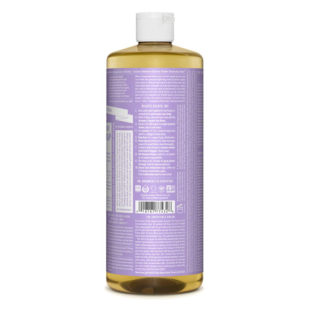 Dr. Bronner's - Pure-Castile Liquid Soap (Lavender, 32 Fl Oz) - Made with Organic Oils, 18-in-1 Uses: Face, Body, Hair, Laundry, Pets and Dishes