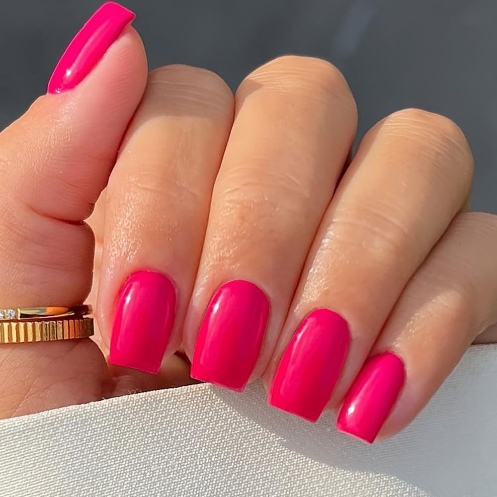Gel Nail Polish Press on Nails Short, Handmade Hot Pink Fake Nails Medium Square Shape UV Jelly Finish Glue on Nails for Women Acrylic False Nail Kits