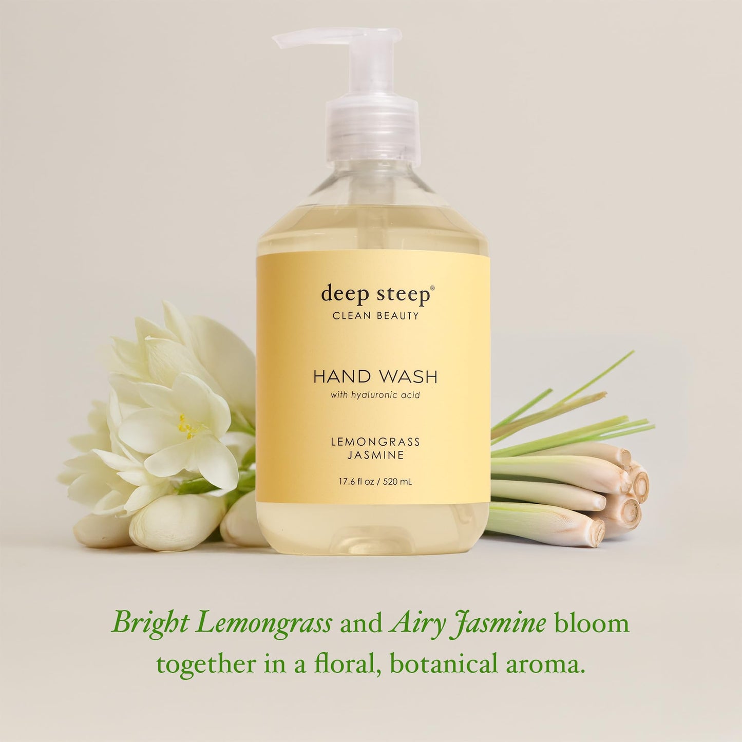 Deep Steep Liquid Hand Wash, Lemongrass Jasmine, 17.6 oz - Moisturizing Cleanser with Olive Oil, Aloe Vera, Glycerin & Hyaluronic Acid - Vegan, Clean