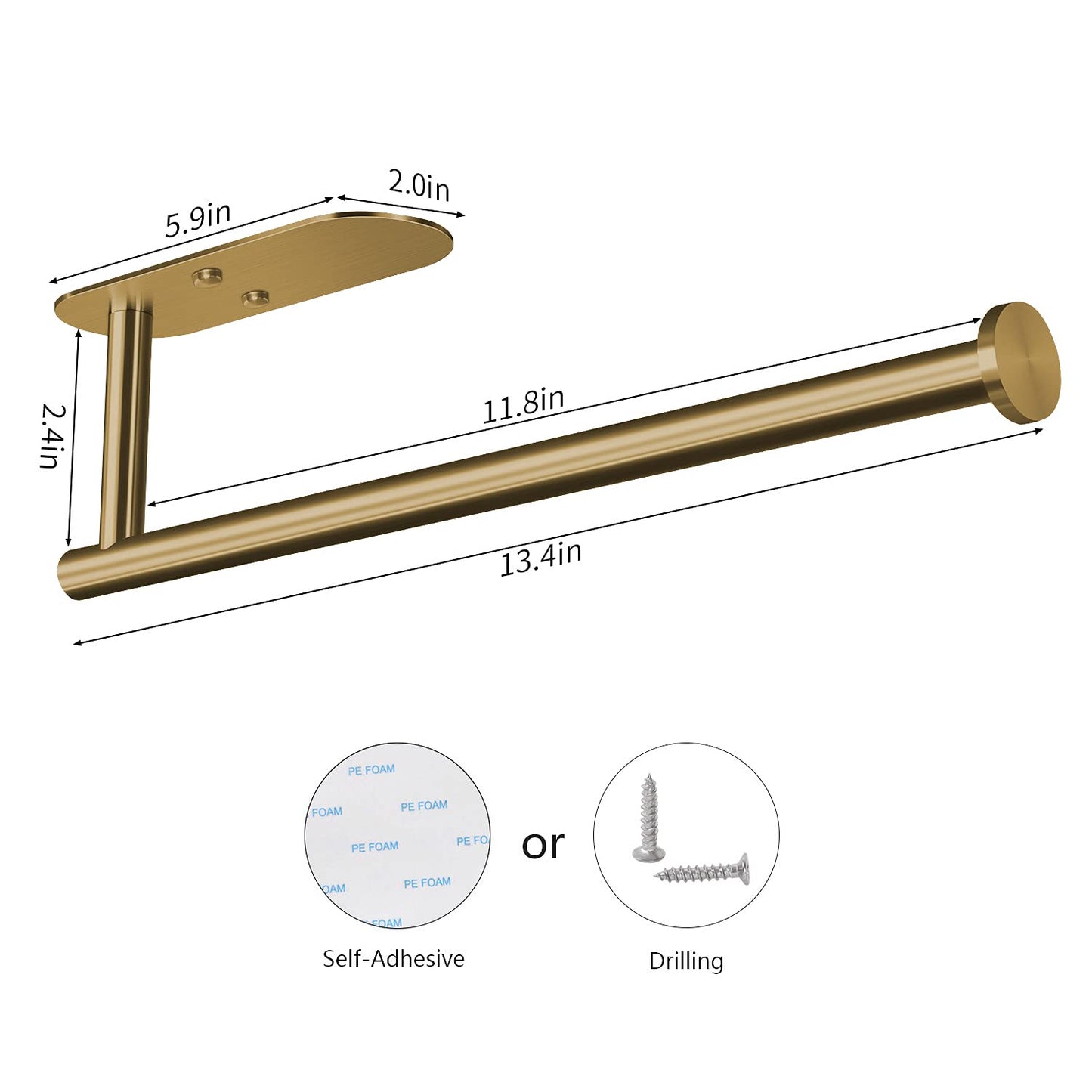 VAEHOLD Self Adhesive Paper Towel Holder – Under Cabinet or Wall Mount, SUS304 Stainless Steel, Gold for Kitchen & Bath