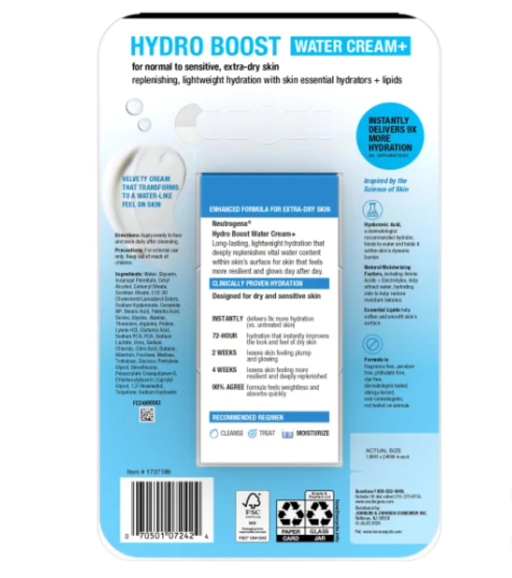 Neutrogena Hydro Boost Water Cream Moisturizer, Enhanced Formula with 25% More Hyaluronic Acid, Fragrance-Free, Clinically Proven 72-Hour Hydration