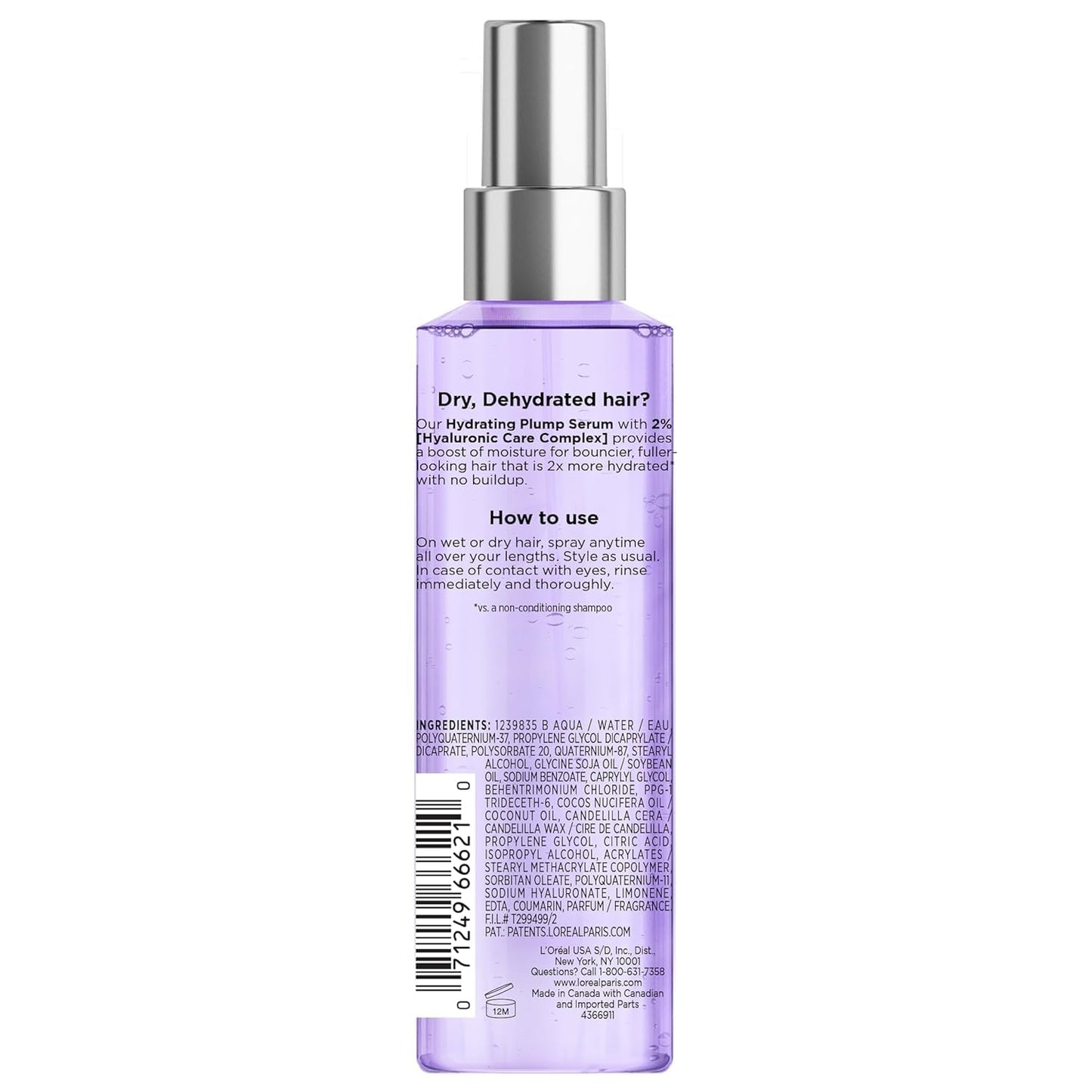 L'Oreal Paris Elvive Hyaluron Plump Moisture Plump Hair Serum for Dehydrated, Dry Hair with Hyaluronic Acid Care Complex, Paraben-Free, 4.4 Fl Oz (3