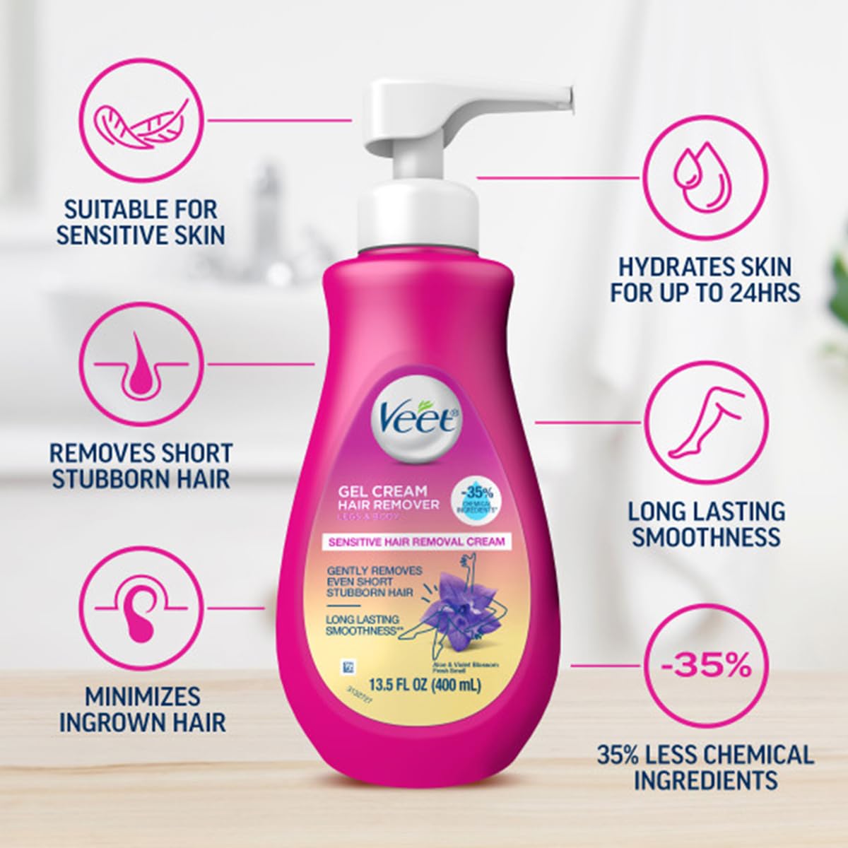 Veet Sensitive Skin Formula with Aloe Vera and Vitamin E, Dermatologically Tested Hair Removal Gel Cream 13.5 Fl Oz. for Legs & Body (5 Pack)