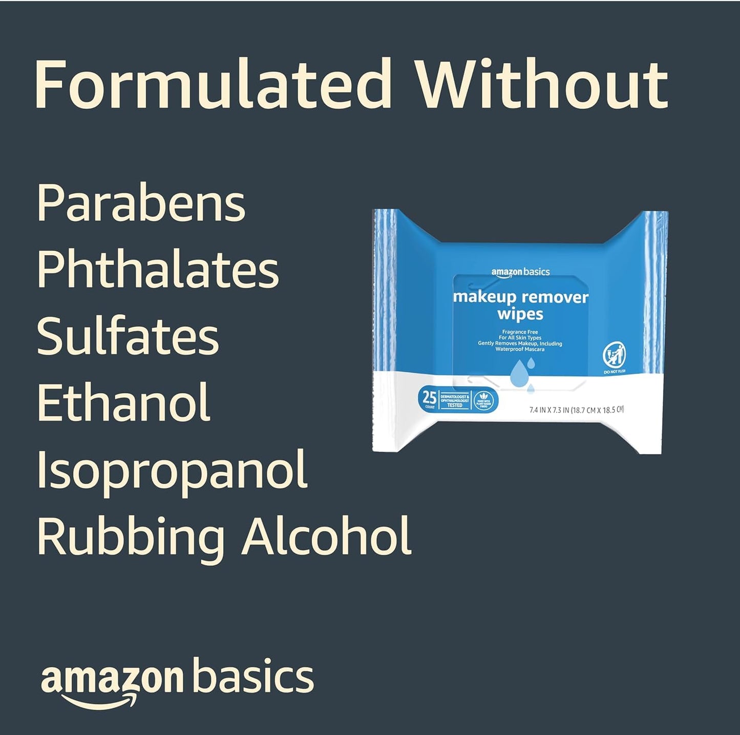 Amazon Basics Makeup Remover Wipes, Fragrance-Free, Alcohol-Free, Gentle Cleansing, Plant-Based, Dermatologist Tested, Removes Waterproof Mascara Beauty and Personal Care Amazon Basics