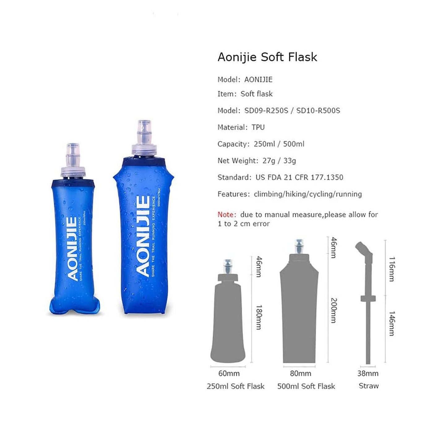 AONIJIE TPU Soft Folding Water Bottles Collapsible Flask for Hydration Pack for Running Hiking Cycling Climbing Pack of 2 (500ml with Straw -Pack…
