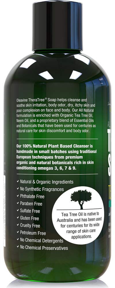 Oleavine TheraTree Tea Tree Oil Soap with Neem Oil - 12oz - Helps Skin Irritation, Body Odor, & Helps Restore Healthy Complexion for Body and Face
