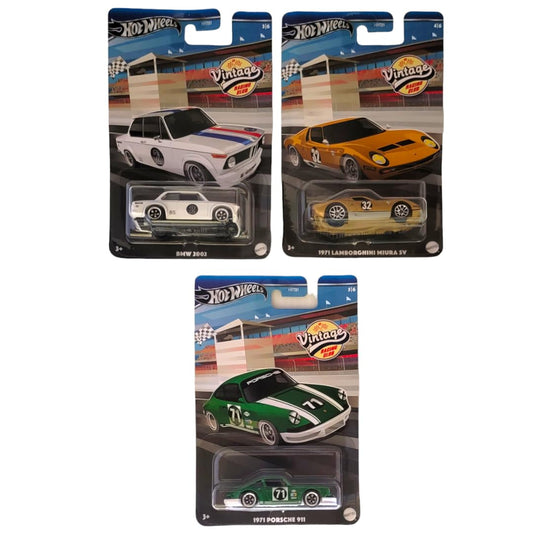 Hot Wheels 2024 Vintage Racing Club - 3 Car Bundle (HRT81‑956A) | BMW 2002, Lamborghini Miura SV, Porsche 911 | 1:64 Scale Die‑Cast Collector Cars…