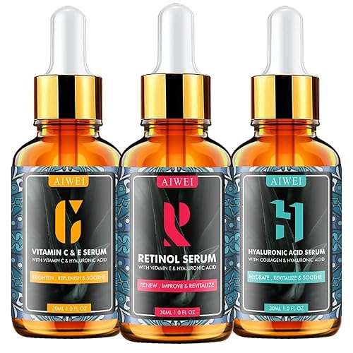 Aiwei Facial Serum Set - Includes Vitamin C, Retinol & Hyaluronic Acid - Improve Skin Texture, Glow & Hydration - Day and Night Face Serums for All