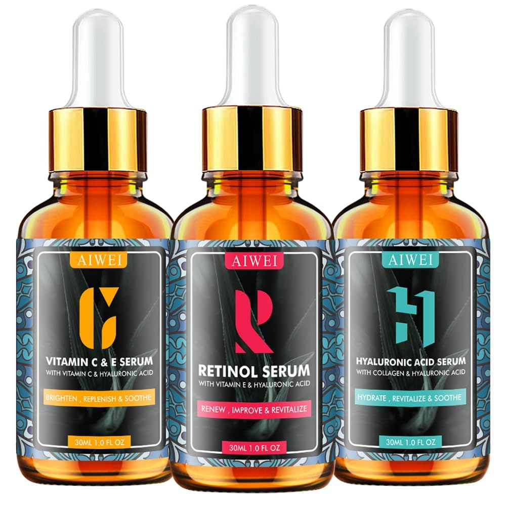 Aiwei Facial Serum Set - Includes Vitamin C, Retinol & Hyaluronic Acid - Improve Skin Texture, Glow & Hydration - Day and Night Face Serums for All
