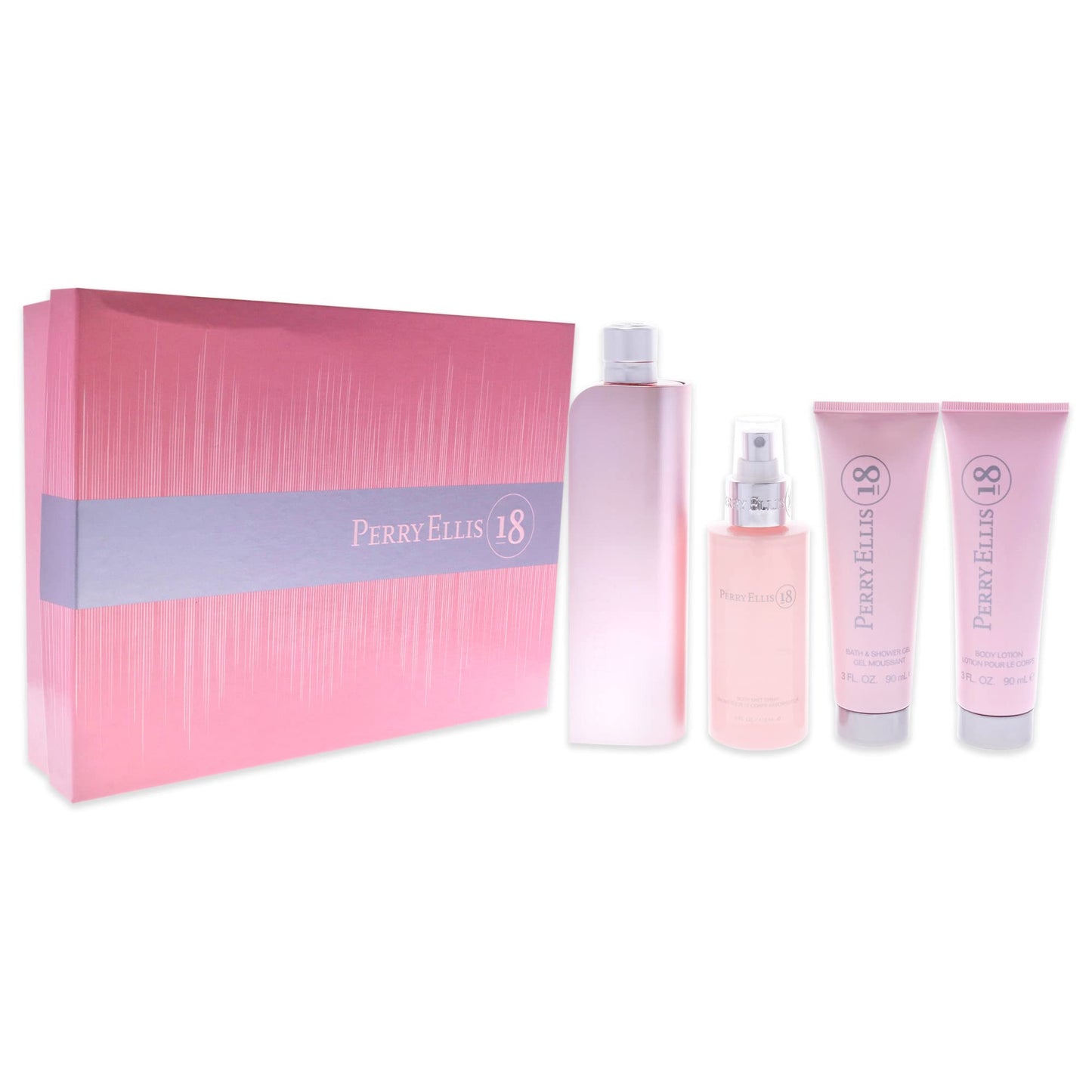 Perry Ellis 18 Women 3.4oz EDP Spray, 3oz Body Lotion, 4oz Body Mist, 3oz Bath and Shower Gel 4 Pc Gift Set