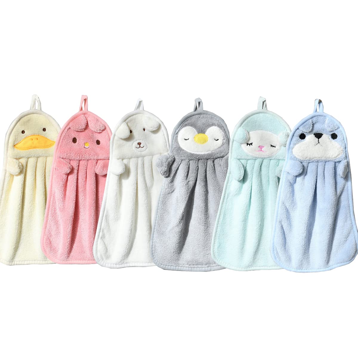 TRYTUTRY 6 Packs Cute Kids Hand Towels with Hanging Loop, Soft Toddlers Hanging Hand Towels, Absorbent Hanging Towels for Bathroom, Kitchen, Home