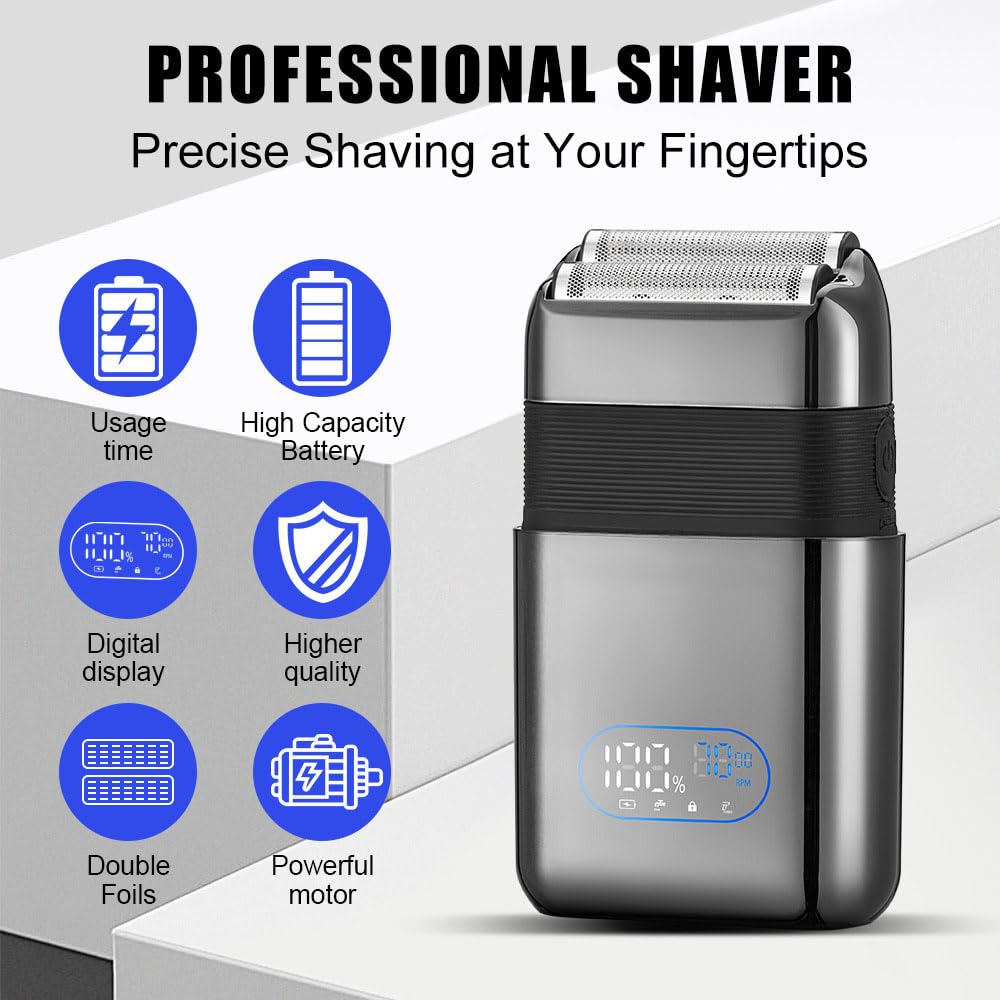 Electric Foil Shavers for Men: Portable Travel Razor with Big LED Display & 3 Floating Blades IPX7 Waterproof Wet Dry Face, Rechargeable,Powerful Beauty and Personal Care QDKVTNDJZ