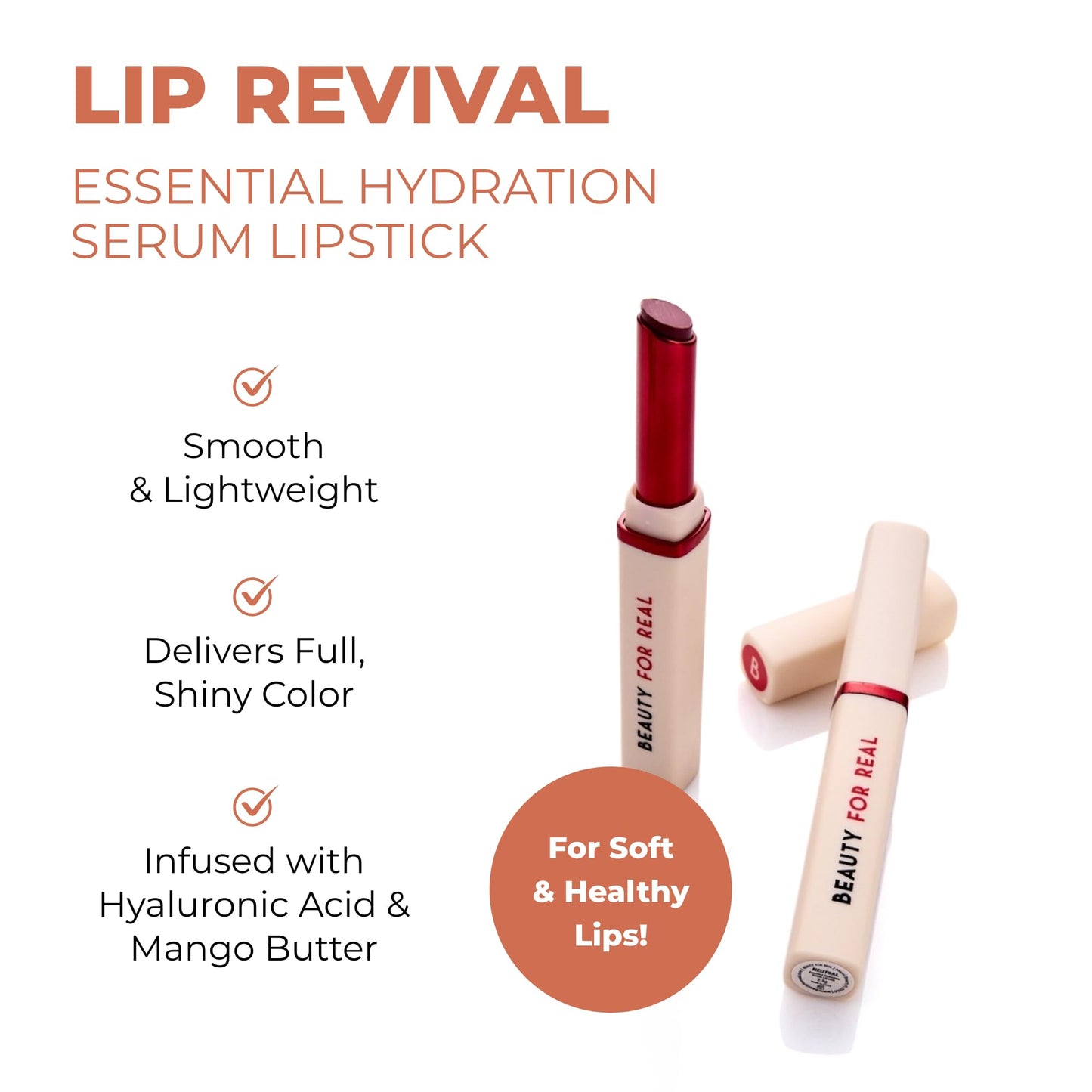Beauty For Real Lip Revival Essential Hydration Serum Lipstick, Neutral - Lightweight & Hydrating - Contains Hyaluronic Acid, Mango Butter, and