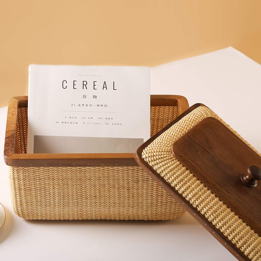 Teng Tian Cane-on-cane weave Storage Basket Box with Lid Multifunctional Storage Organiser Storage Basket Organizer Baskets Rectangular Boxes Woven