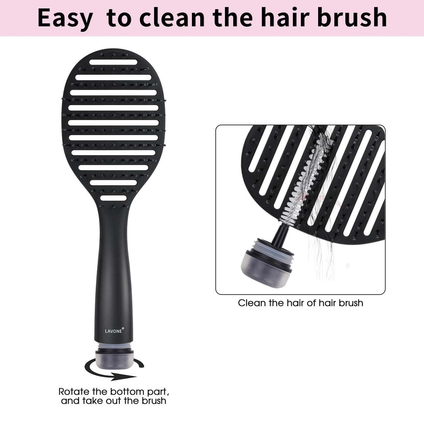 Curved Vented Hairbrush Faster Blow Drying - Detangling Brush with Built in Cleaner, Magnetic Holder and Hair Clips for Women, Men & Kids - Black