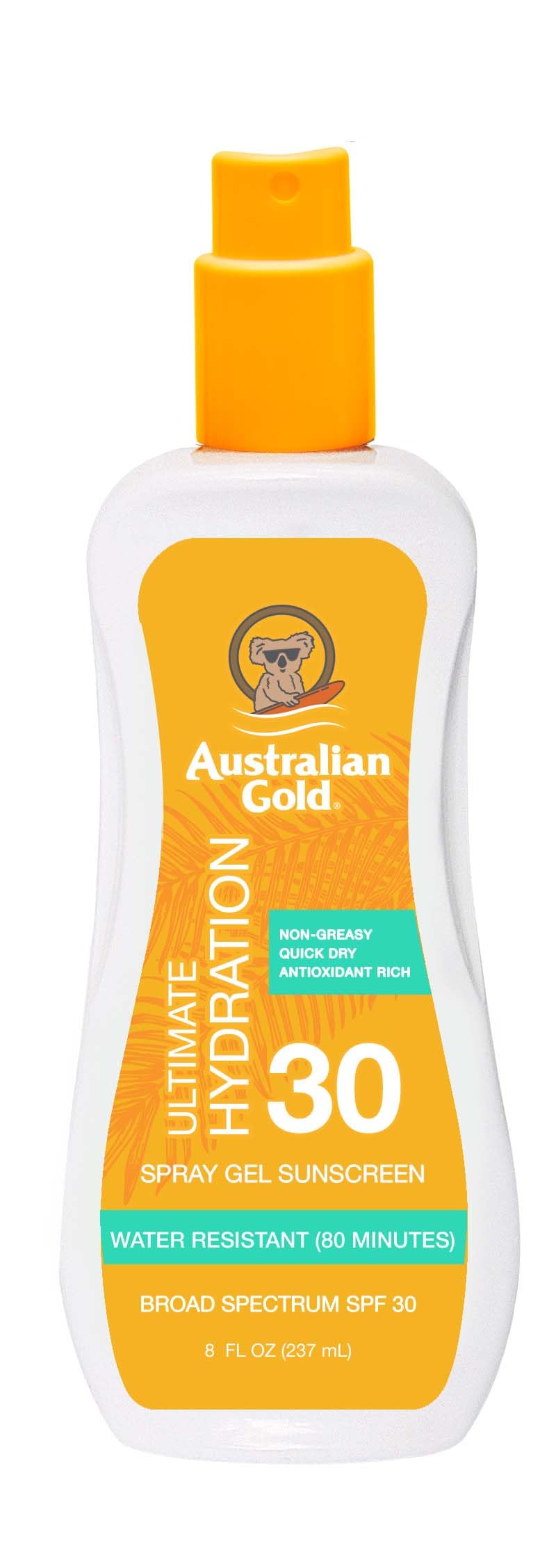 Australian Gold Spray Gel Sunscreen Moisturize Hydrate Skin, Broad Spectrum, Water Resistant, NonGreasyc, Oxybenzone Free, Cruelty Free, SPF 30
