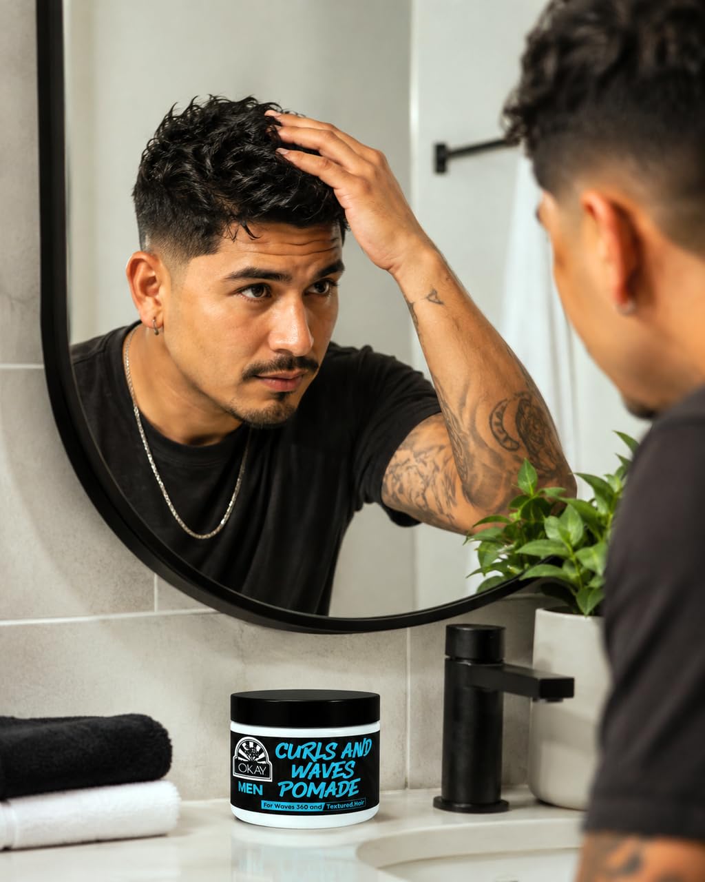 OKAY Men’s Curls & Waves Pomade 4 oz - Medium Hold Styling Pomade for Curly & Wavy Hair, Frizz Control, Moisturizing, Non-Greasy, Defines Texture