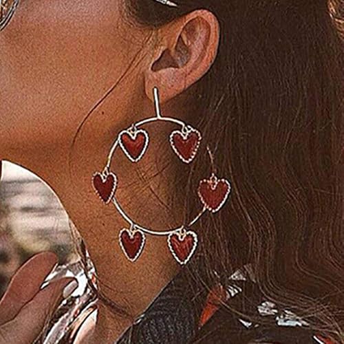 Doubnine Large Hoop Earrings Red Heart Circle 80s Silver Dangle Earrings Wedding Bridal Love Sweet Bohemian Jewelry for Women Girls