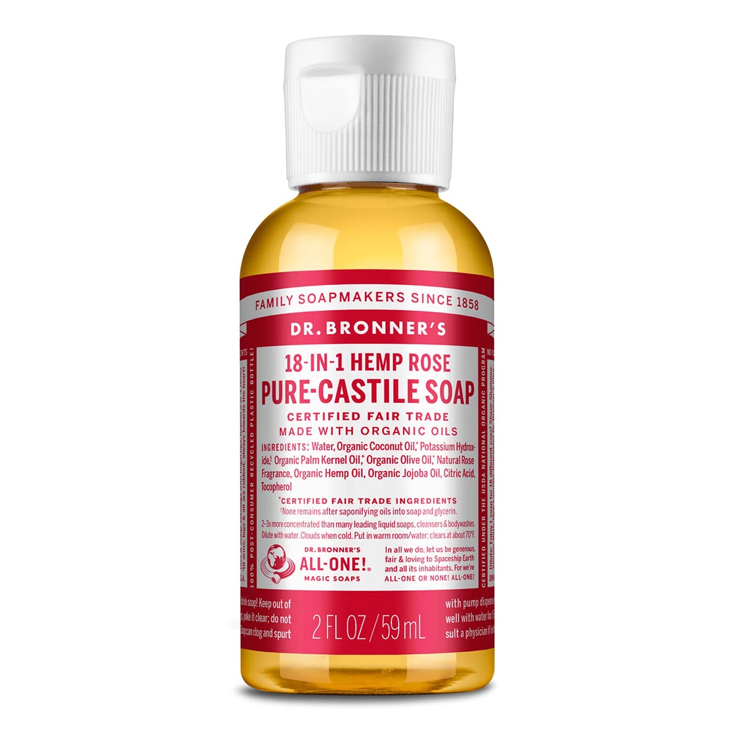 Dr. Bronner's - Pure-Castile Liquid Soap (Rose, 2 ounce) - Made with Organic Oils, 18-in-1 Uses: Face, Body, Hair, Laundry, Pets and Dishes