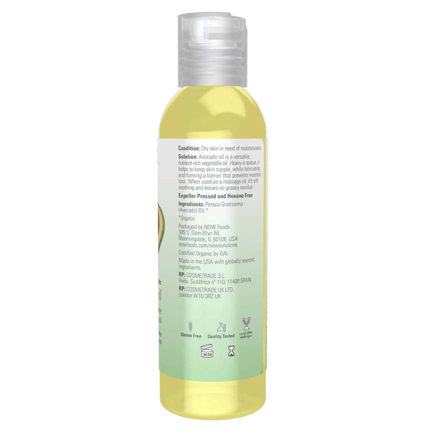 NOW Foods Solutions, Organic Avocado Oil, 100% Pure Moisturizing Oil, Nutrient Rich and Hydrating, 4-Ounce