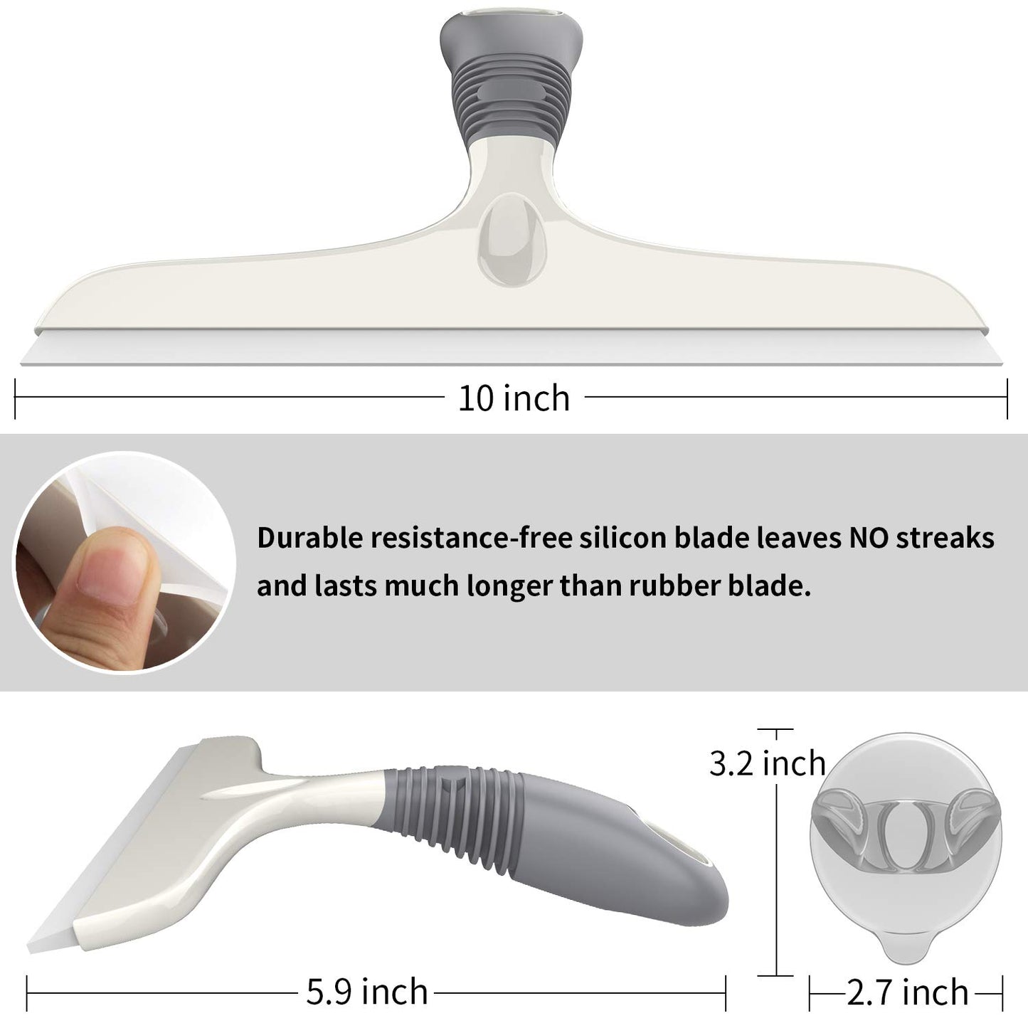 MR.SIGA 10" Silicone Squeegee for Windows, Glass, Shower Doors & Cars – Heavy Duty with Suction Hook, White & Gray, 1 Pack