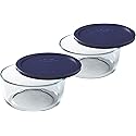 Pyrex Storage Plus 7-Cup Round Glass Food Storage Dish, Blue Cover, Pack of 2