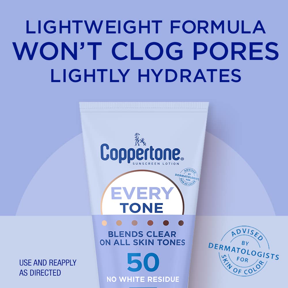 Coppertone Every Tone Sunscreen Lotion SPF 50, Lightweight, Rubs on Clear Sunscreen for All Skin Tones, Formulated with Nourishing Vitamin E, 7 Fl Oz