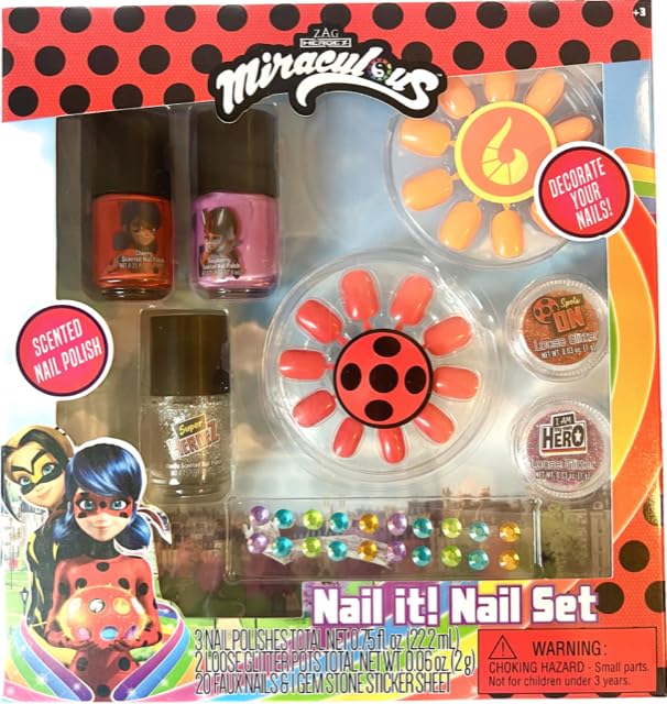 Zag Miraculous Ladybug Nail Polish Set and Lip Gloss Bundle- Includes 3 Nail Polishes, 2 Glitter Pots, 20 Faux Nails and Gemstone Sticker Sheet with 7