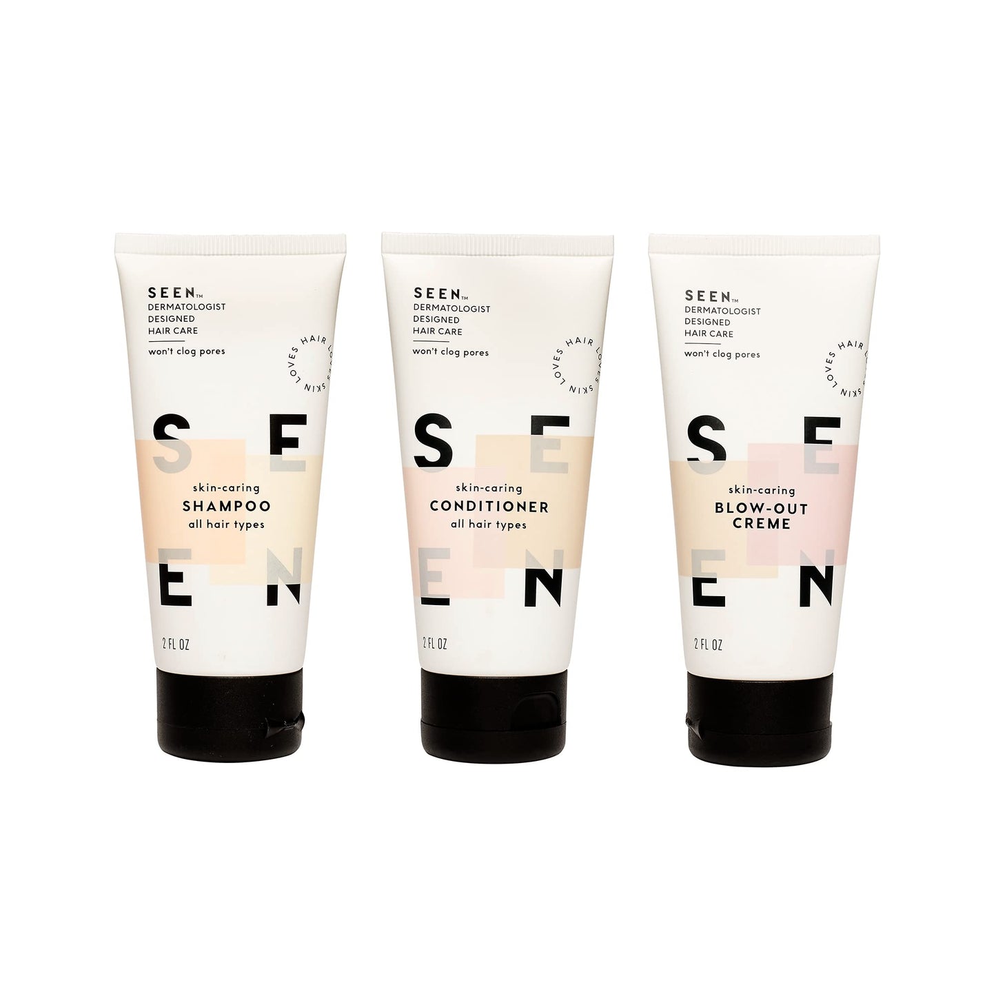 SEEN Travel Trio, Scented - Non-Comedogenic Blow-Out Hair Cream, Shampoo & Conditioner Set - Dermatologist-Developed- Reduces Frizz- Heat Protectant