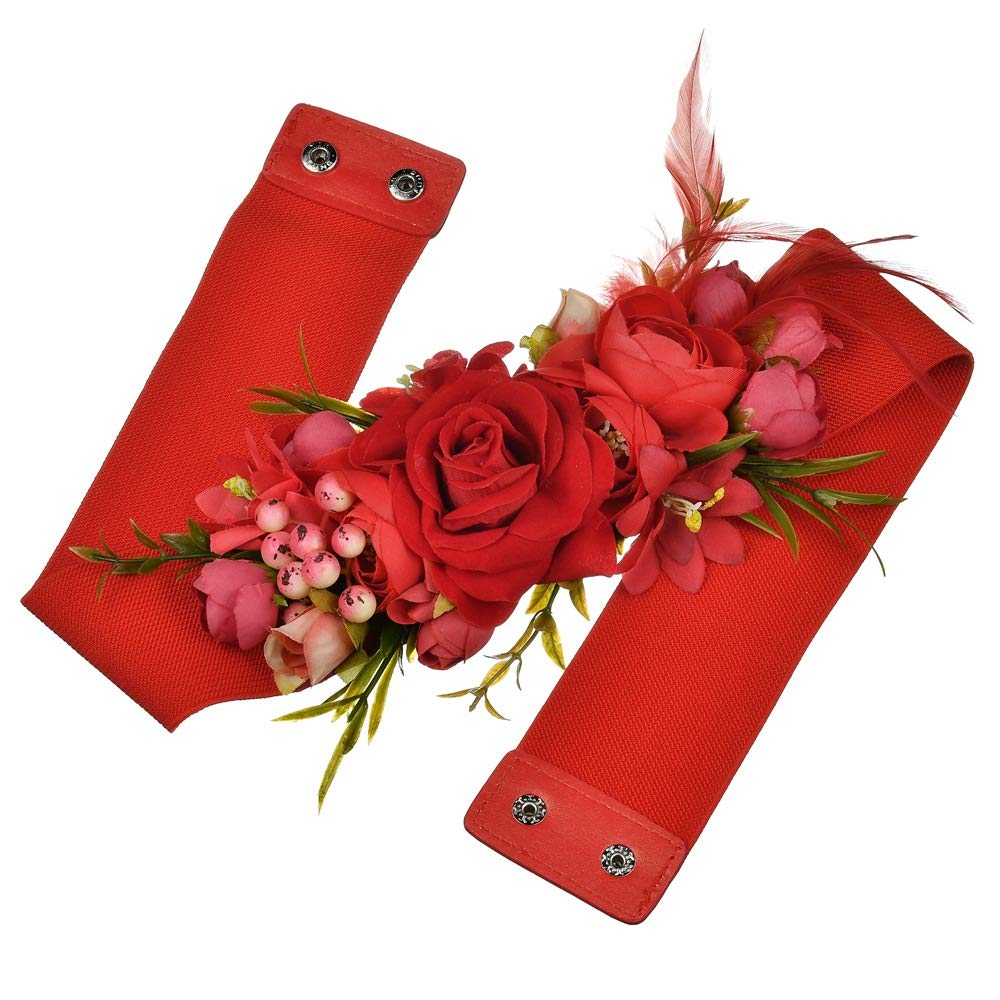 LittleLuluda Red Rose Wedding Bride Belt Sash Elastic Waist Band Flower Belts for Dress