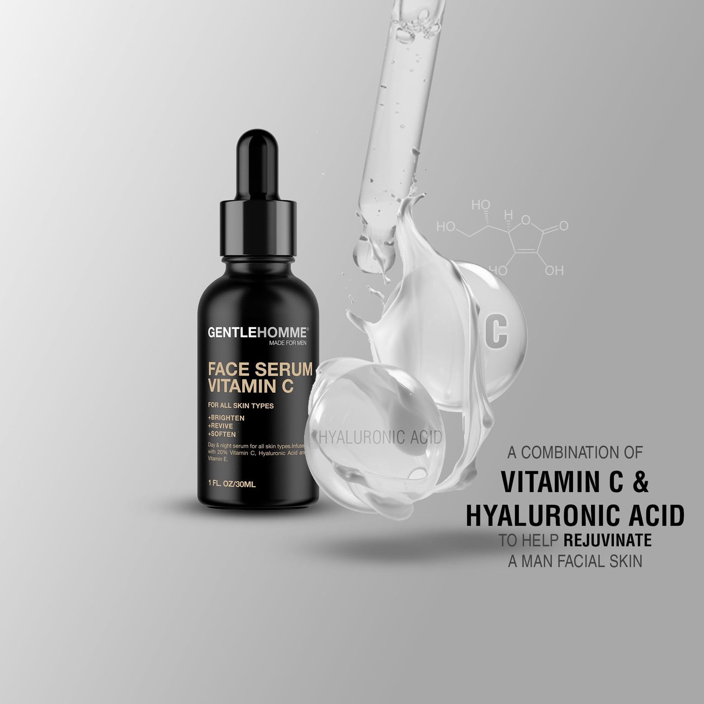 Gentlehomme - Vitamin C Face Serum - Men’s Facial Serum - With 20% Vitamin C, Hyaluronic Acid & Vitamin E - Helps Brighten, Revive & Soften Skin