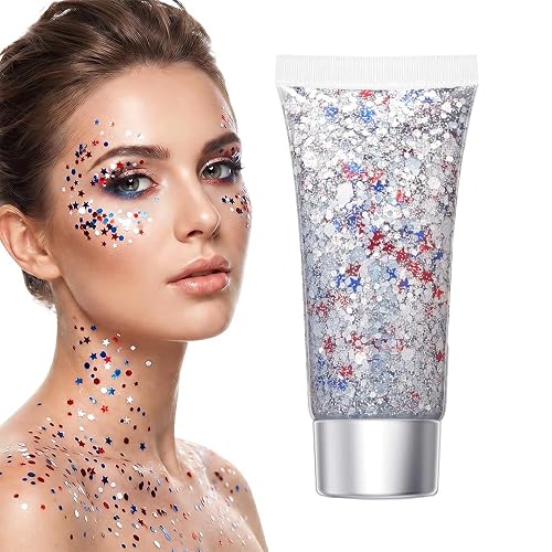 Red White Blue Hair Glitter Stick, 2026 New Patriotic USA Flag Star Chunky Face Body Outfits Sparkle Patriotic Pride Glitter for Soccer President's