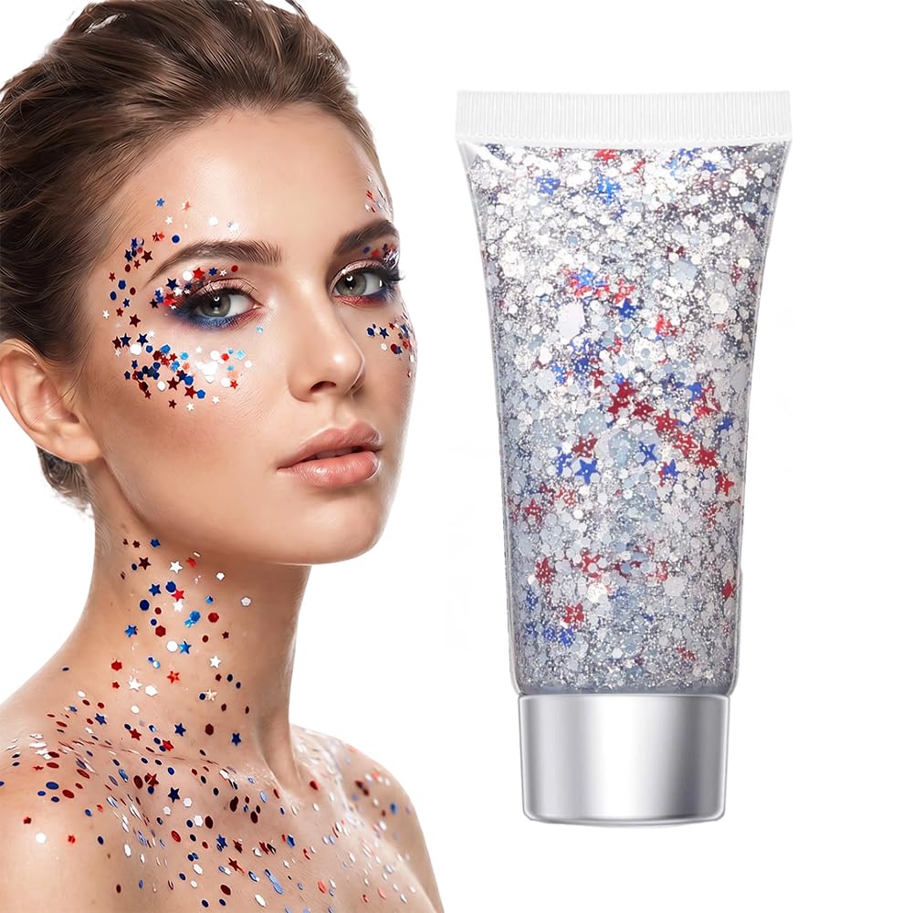 Red White Blue Hair Glitter Stick, 2026 New Patriotic USA Flag Star Chunky Face Body Outfits Sparkle Patriotic Pride Glitter for Soccer President's