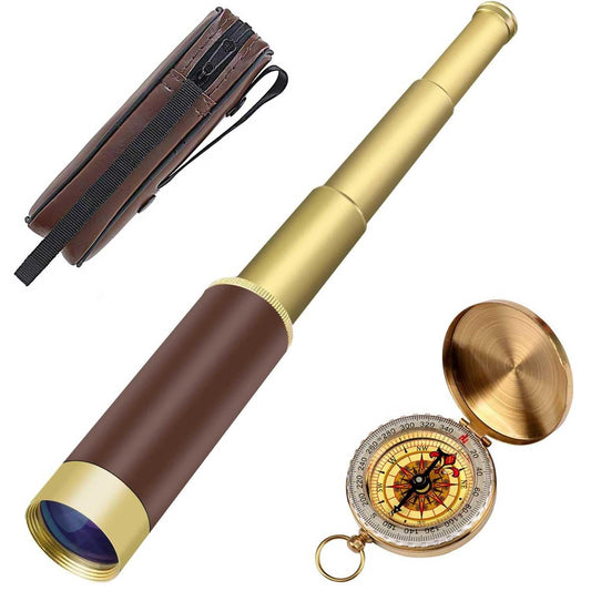 Retro Pirate Telescope 25x30 Zoomable Spyglass & Pocket Compass – Vintage Collapsible Monocular for Kids, Camping, Boating & Survival Gear
