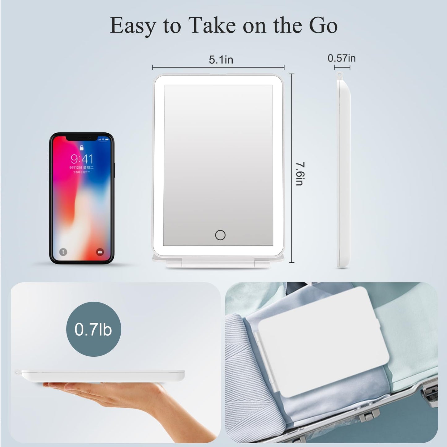 FUNTOUCH Rechargeable Travel Makeup Mirror with 72 Led Lights, Portable Lighted Beauty Mirror, 3 Color Lighting, Dimmable Touch Screen, Tabletop LED